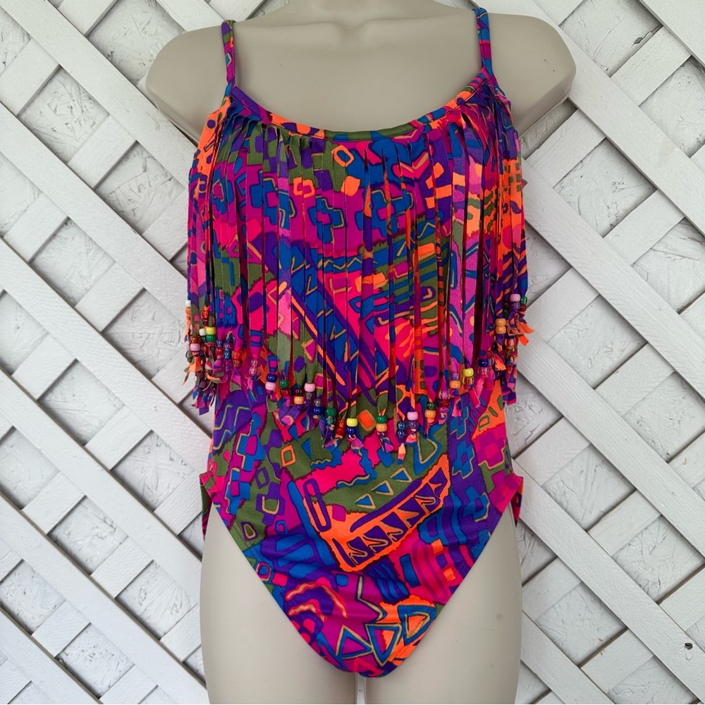 Vintage Oscar De La Renta Swimsuit Retro Coloful Fringe Beads 80’s Funky Fun